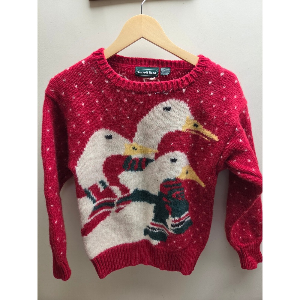 Carroll Reed Vintage‎ 100% Shetland Wool Goose Intarsia Sweater Red Small Geese